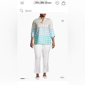 Ming Wang Women’s Ruffled Cotton Gingham Blouse Spring Casual Tan/Blue Size Med